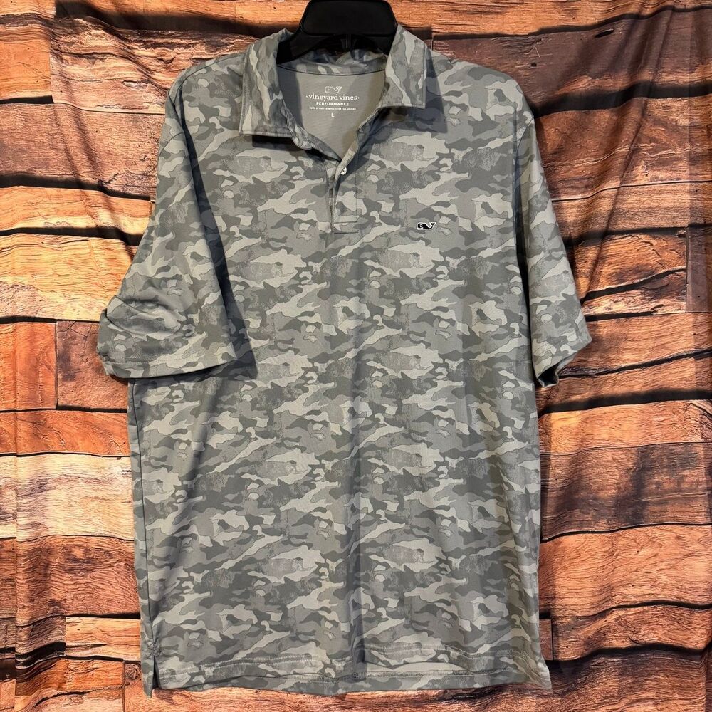 Vineyard Vines Men's L Gray Camo Performance Polo Shirt Stretch Moisture-Wicking